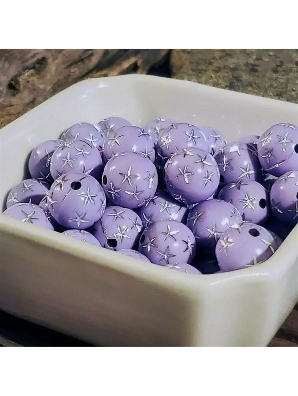 10 Vintage Retro Lavender Silver Stars 12mm Round Acrylic Shabby Chic Beads